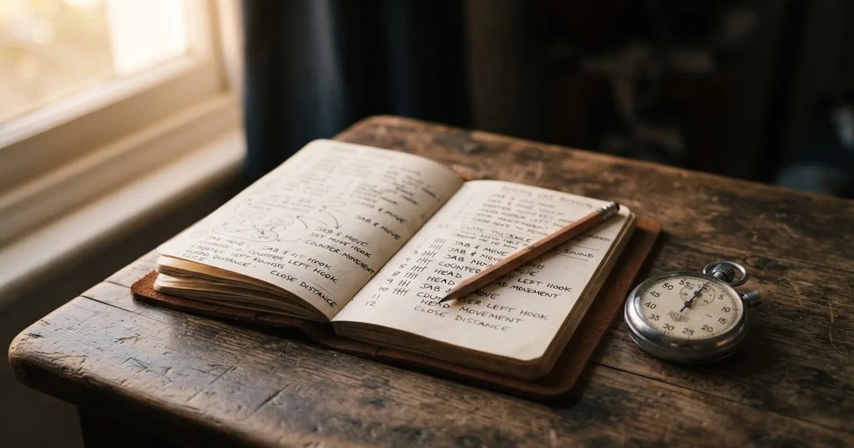An open notebook with a pencil and a stopwatch on a wooden table