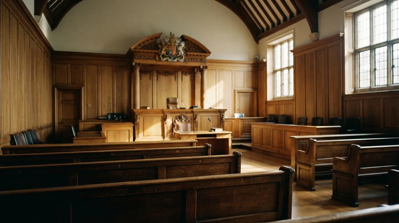 An empty courtroom with wooden benches in morning light