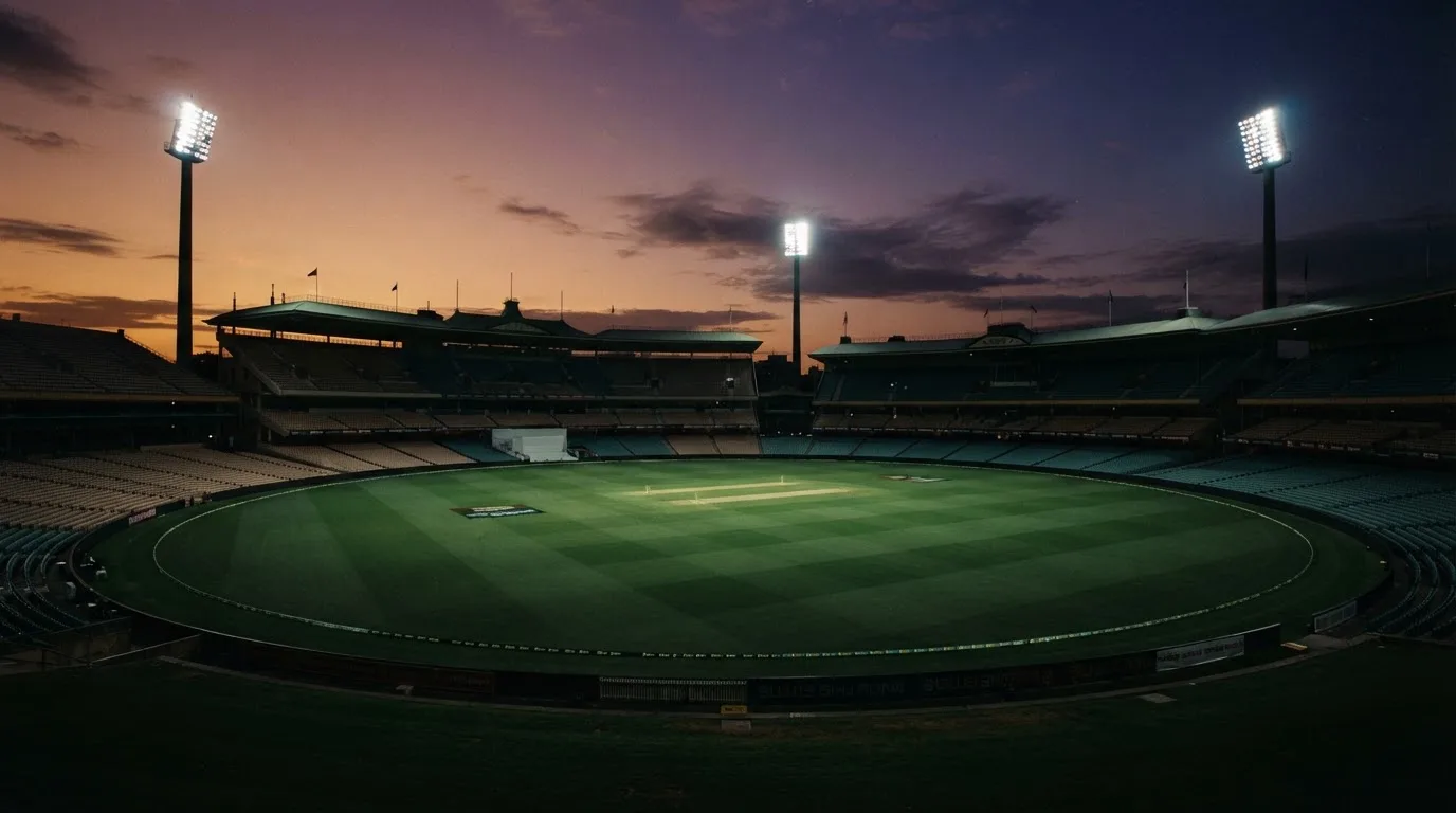 An empty football stadium with floodlight masts at dusk