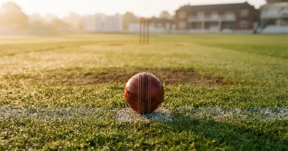 A ball on the centre spot of a grass pitch in morning light