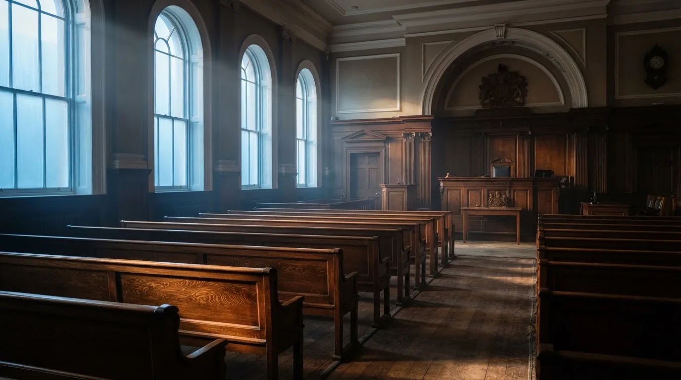 An empty courtroom with wooden benches in morning light