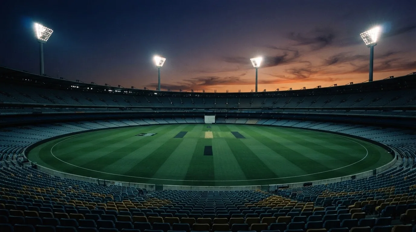 An empty football stadium with floodlight masts at dusk