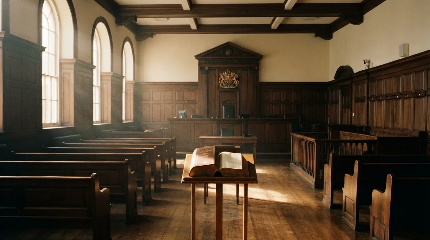 An empty courtroom with wooden benches in morning light