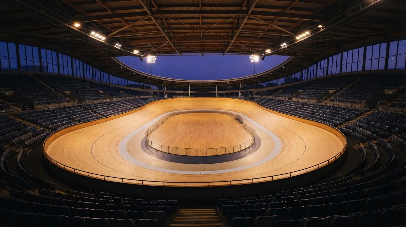 An empty football stadium with floodlight masts at dusk