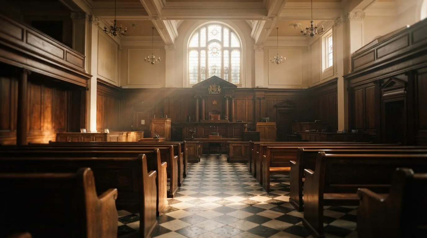 An empty courtroom with wooden benches in morning light