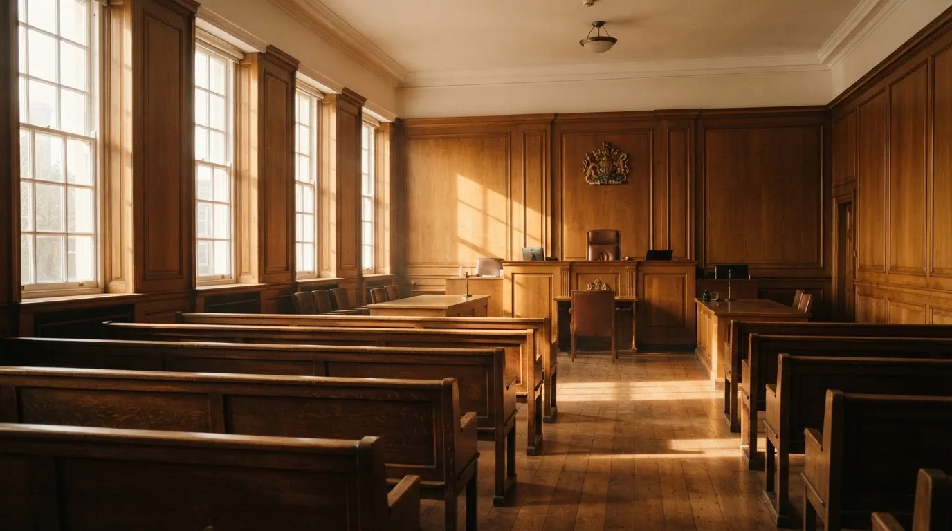 An empty courtroom with wooden benches in morning light