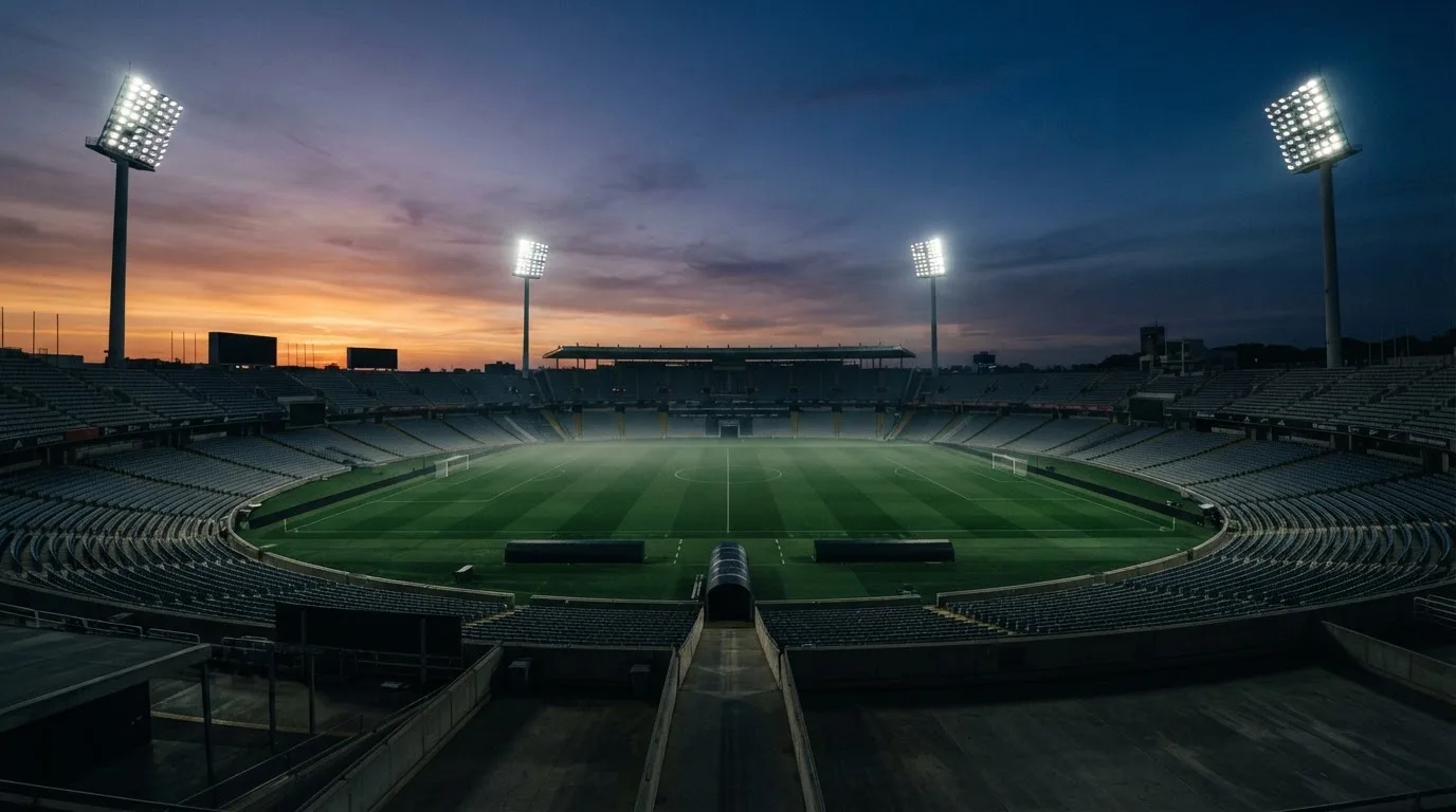 An empty football stadium with floodlight masts at dusk