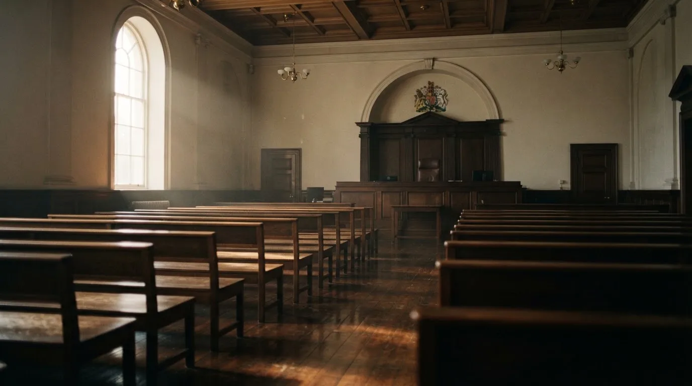 An empty courtroom with wooden benches in morning light