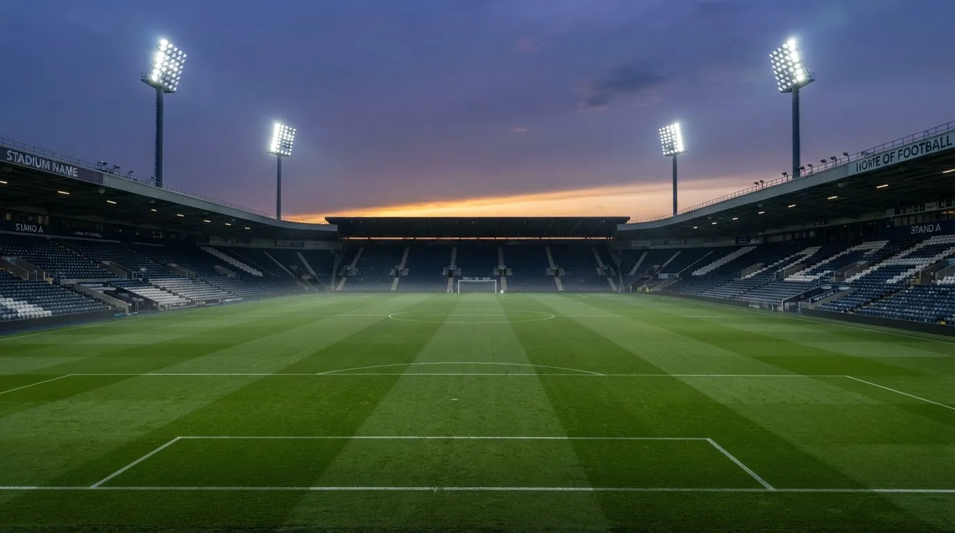 An empty football stadium with floodlight masts at dusk