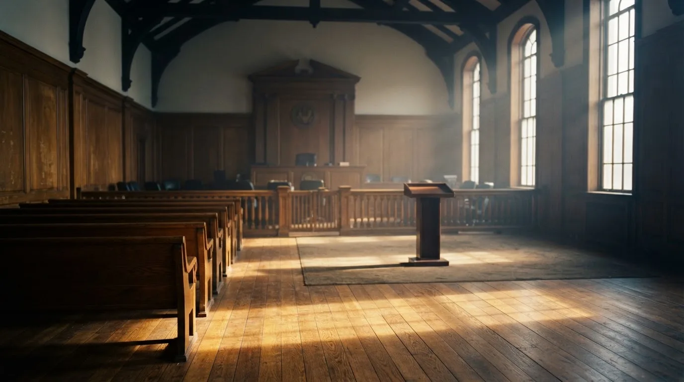 An empty courtroom with wooden benches in morning light