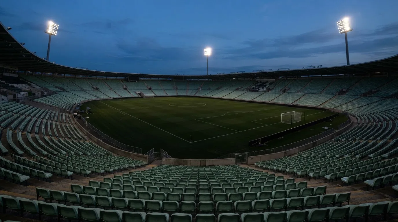 An empty football stadium with floodlight masts at dusk