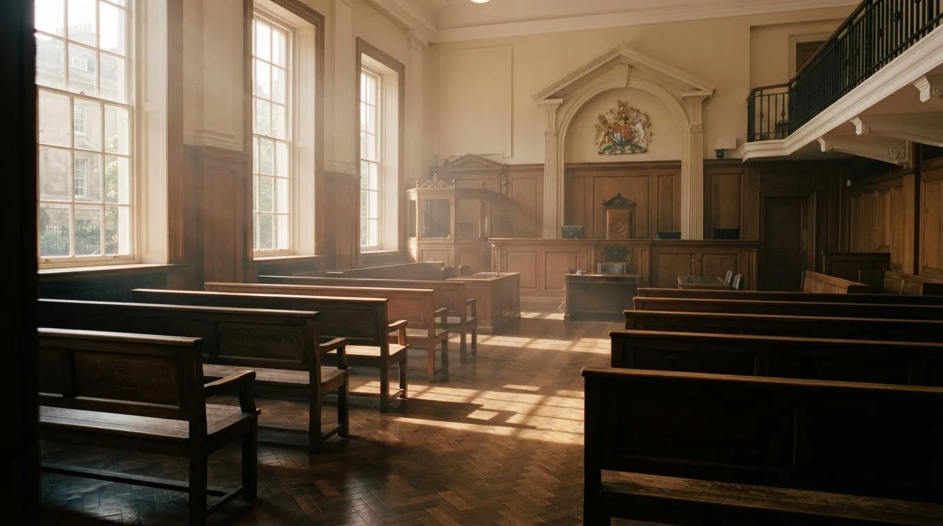 An empty courtroom with wooden benches in morning light