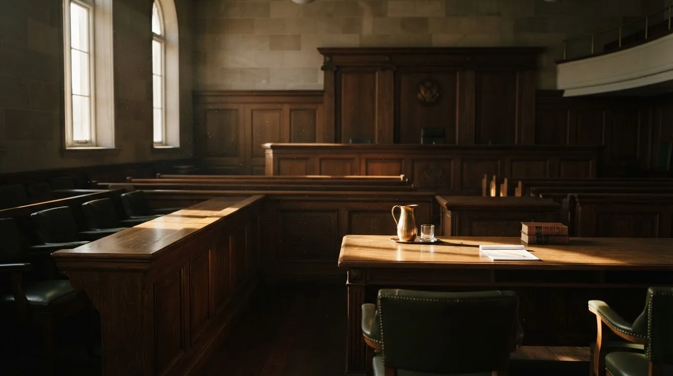 An empty courtroom with wooden benches in morning light