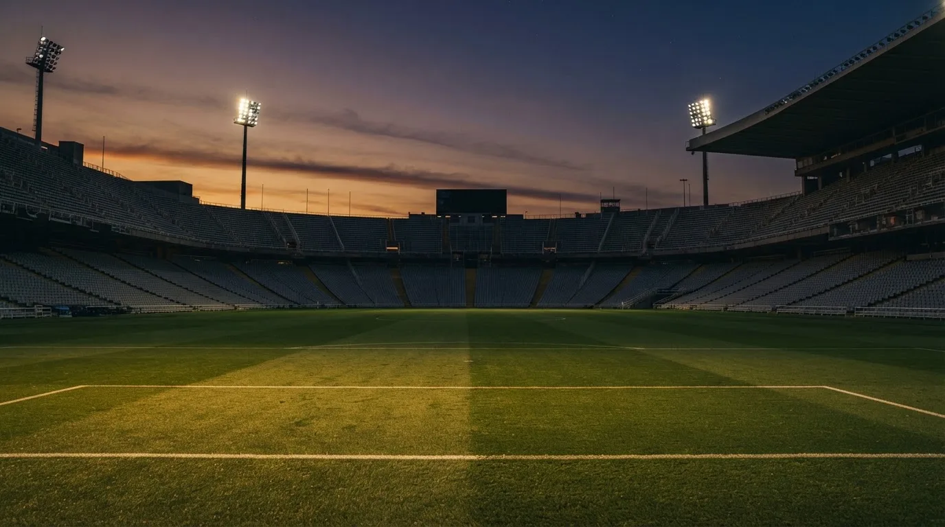 An empty football stadium with floodlight masts at dusk