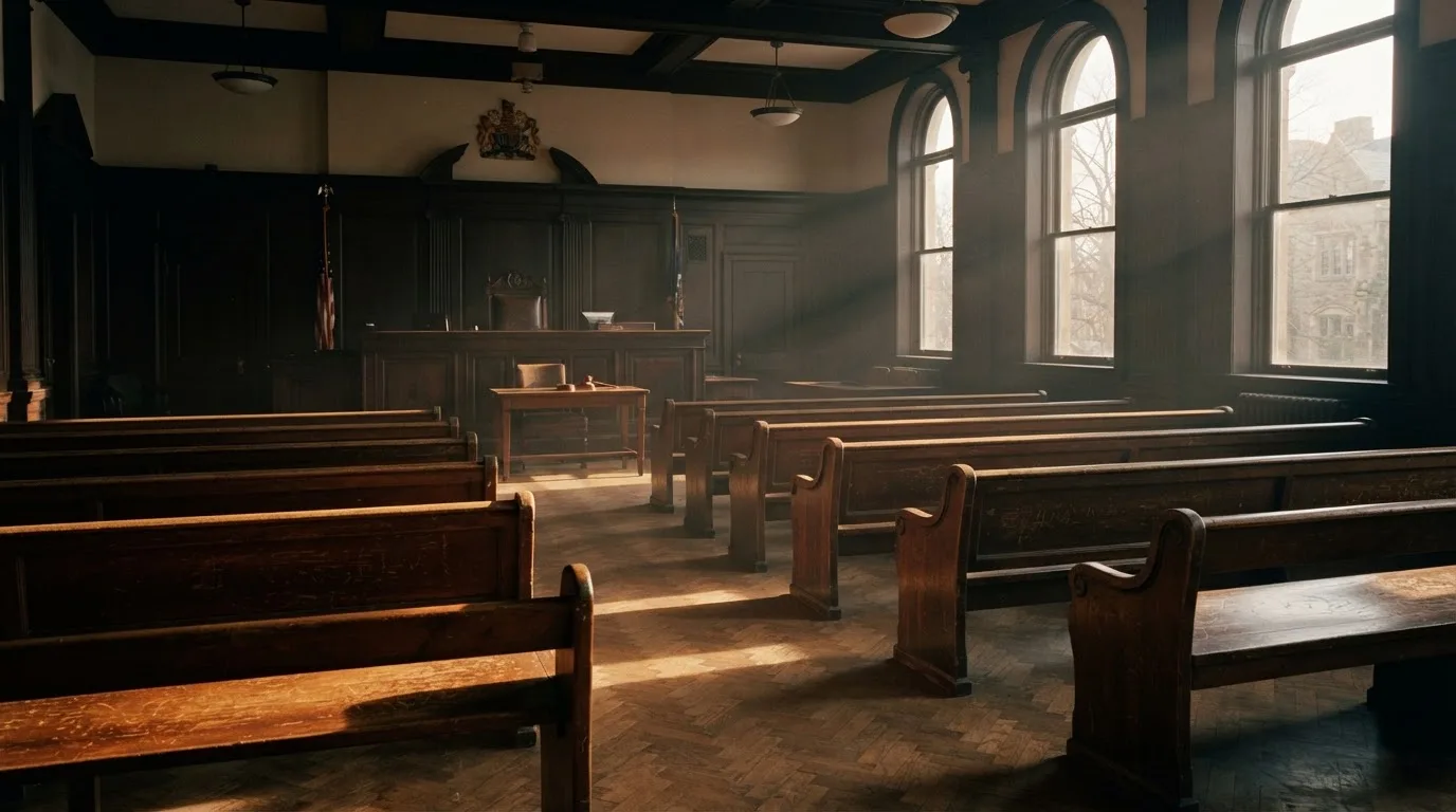 An empty courtroom with wooden benches in morning light