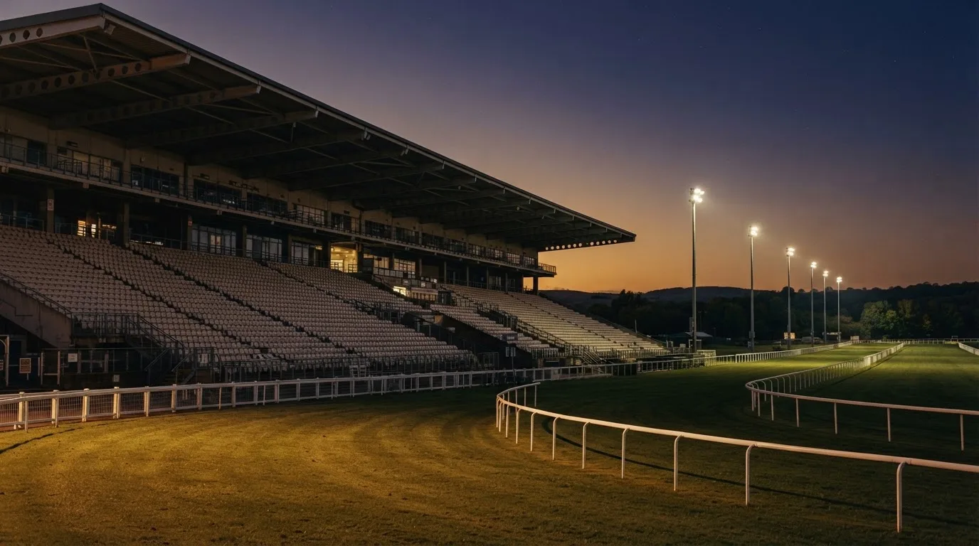 An empty football stadium with floodlight masts at dusk