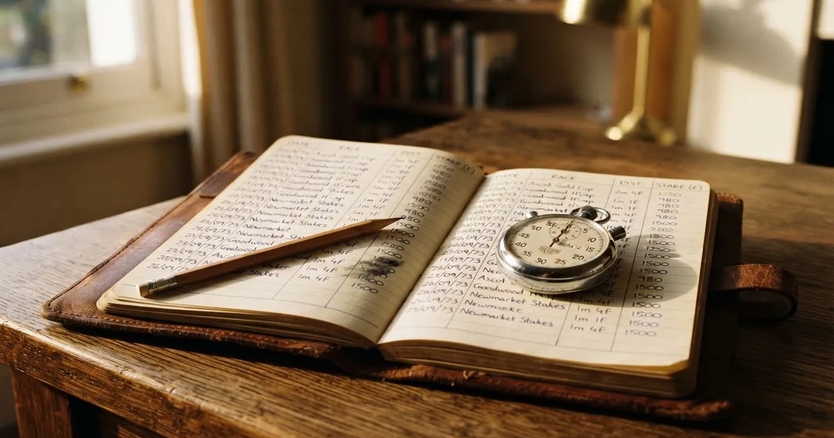 An open notebook with a pencil and a stopwatch on a wooden table