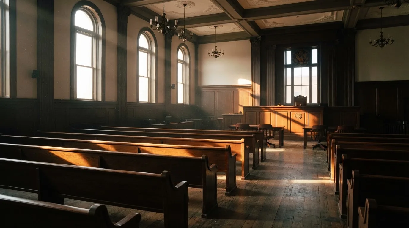 An empty courtroom with wooden benches in morning light