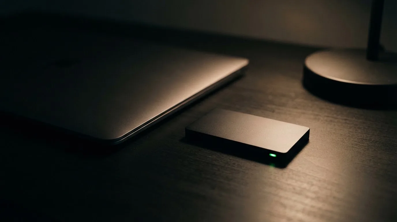 A hardware wallet and a closed laptop on a desk in dim light