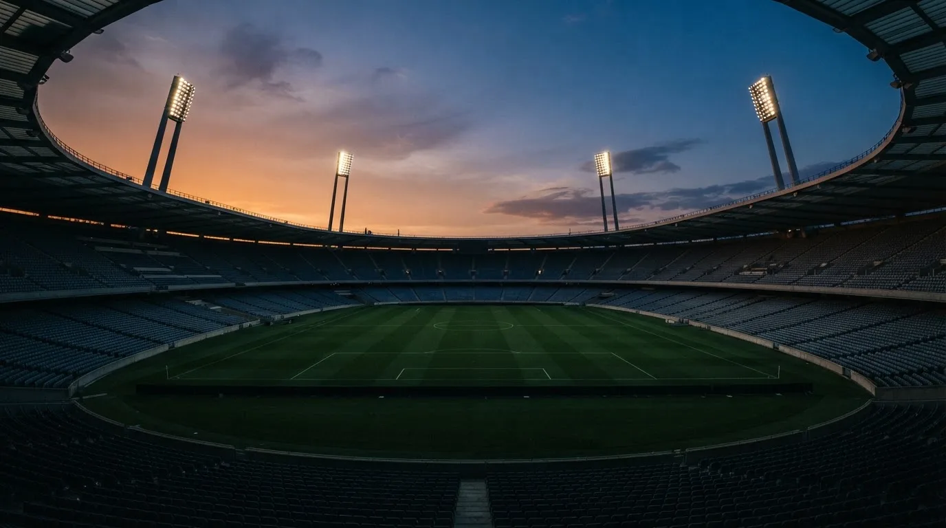An empty football stadium with floodlight masts at dusk