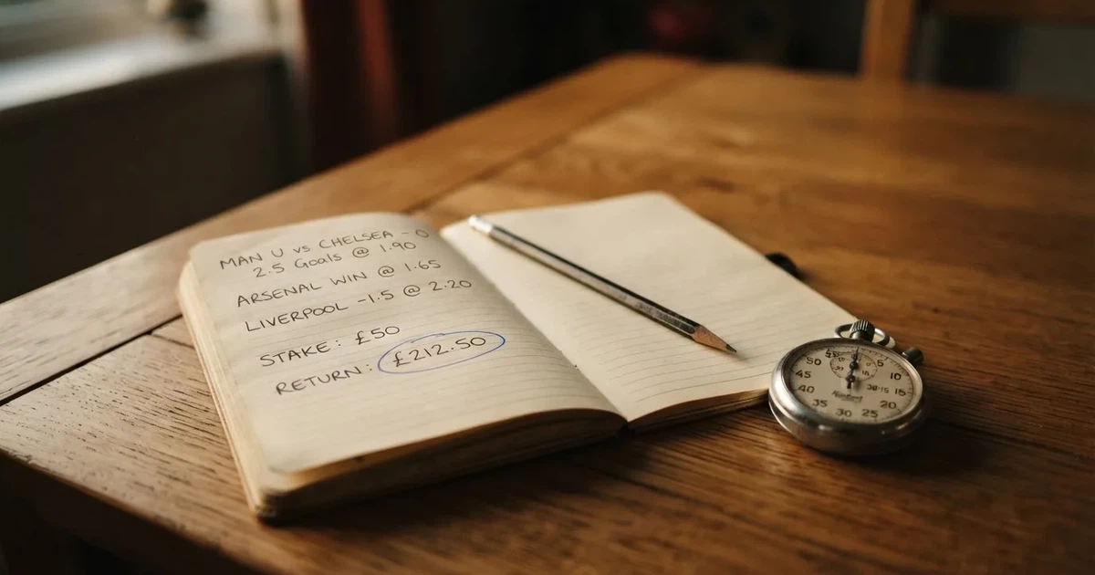 An open notebook with a pencil and a stopwatch on a wooden table