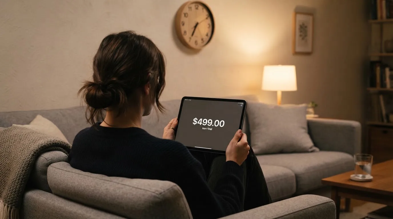 A person on a sofa looking thoughtfully at a tablet, a wall clock in the background