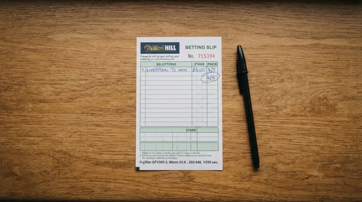A blank paper betting slip beside a pen on a wooden counter