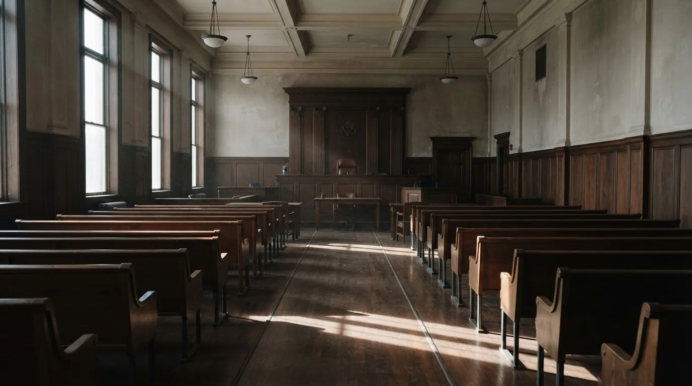 An empty courtroom with wooden benches in morning light