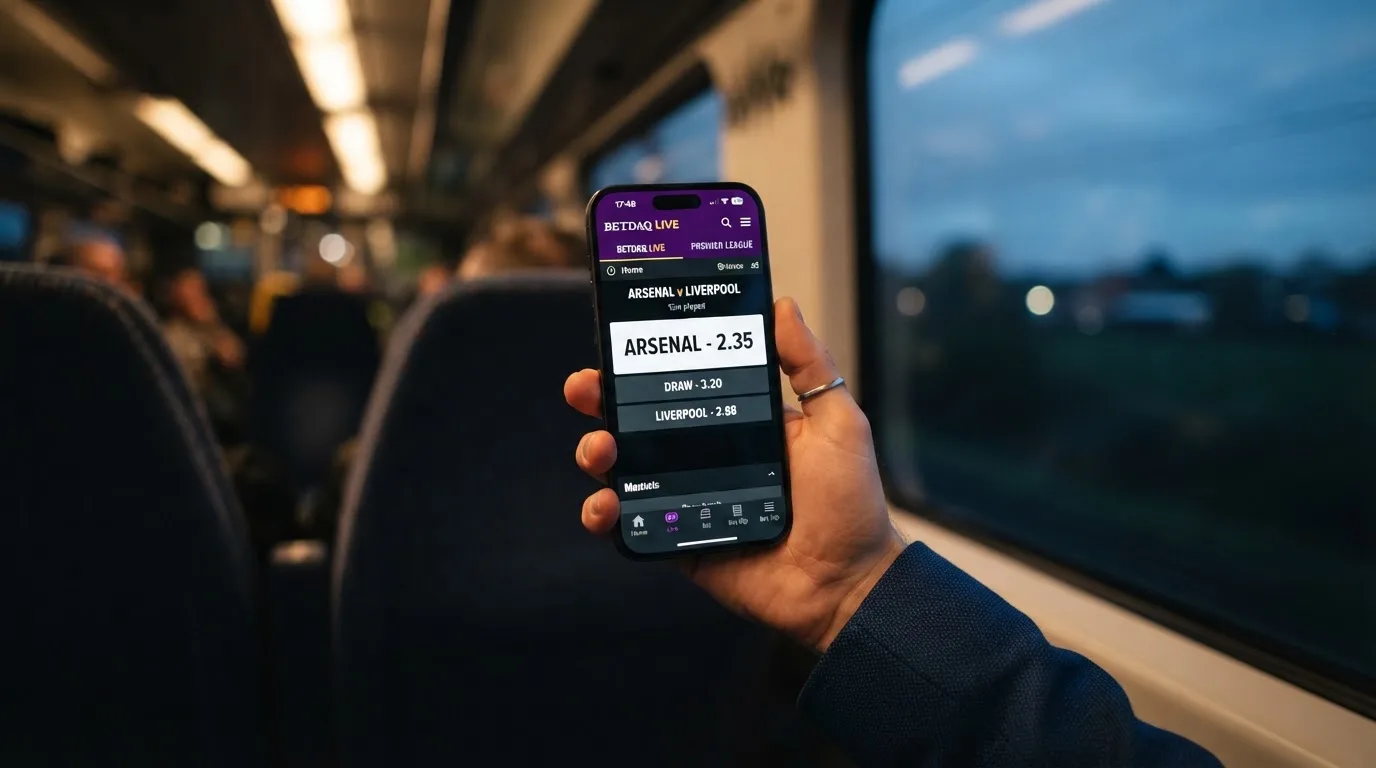A hand holding a smartphone on a train in the evening, screen turned away