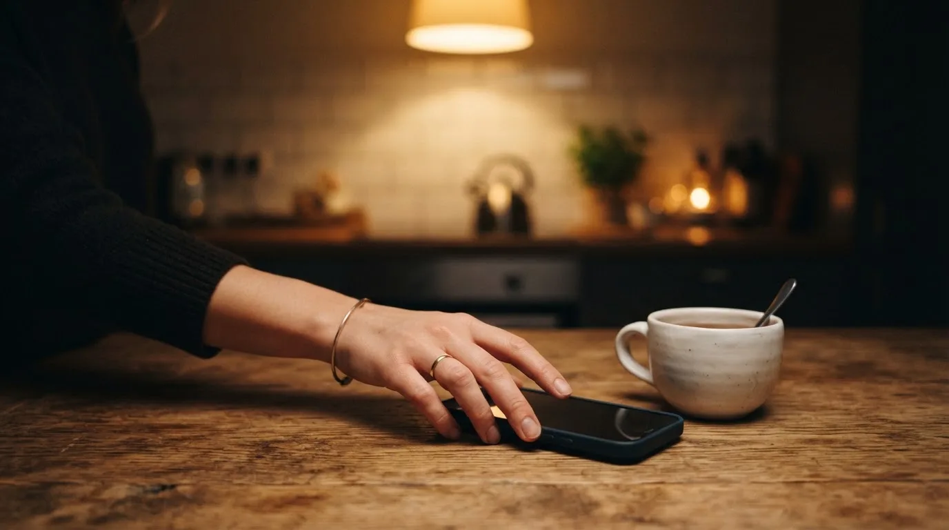A hand setting a smartphone down beside a cup of tea on a kitchen table on a quiet evening