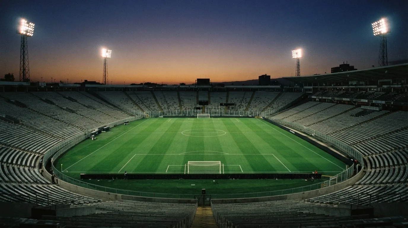 An empty football stadium with floodlight masts at dusk