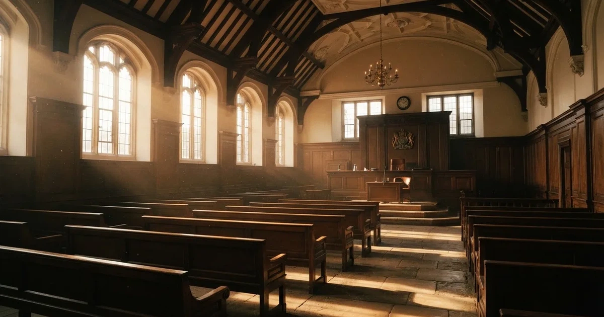 An empty courtroom with wooden benches in morning light