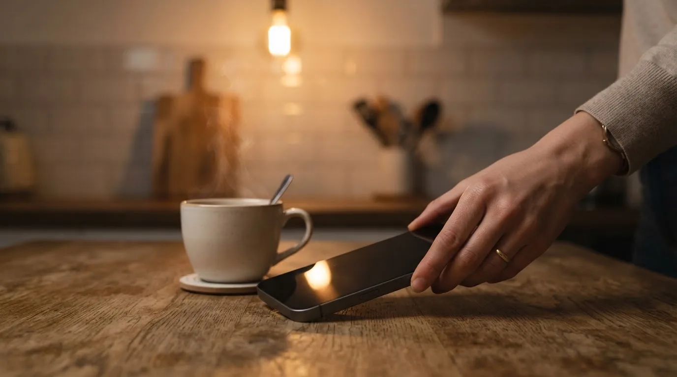 A hand setting a smartphone down beside a cup of tea on a kitchen table on a quiet evening
